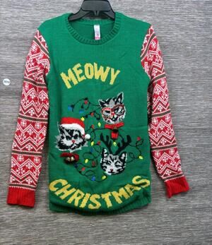 NoBo Juniors L (11-13) Ugly Christmas Sweater Meowy Christmas Santa Cat Holiday